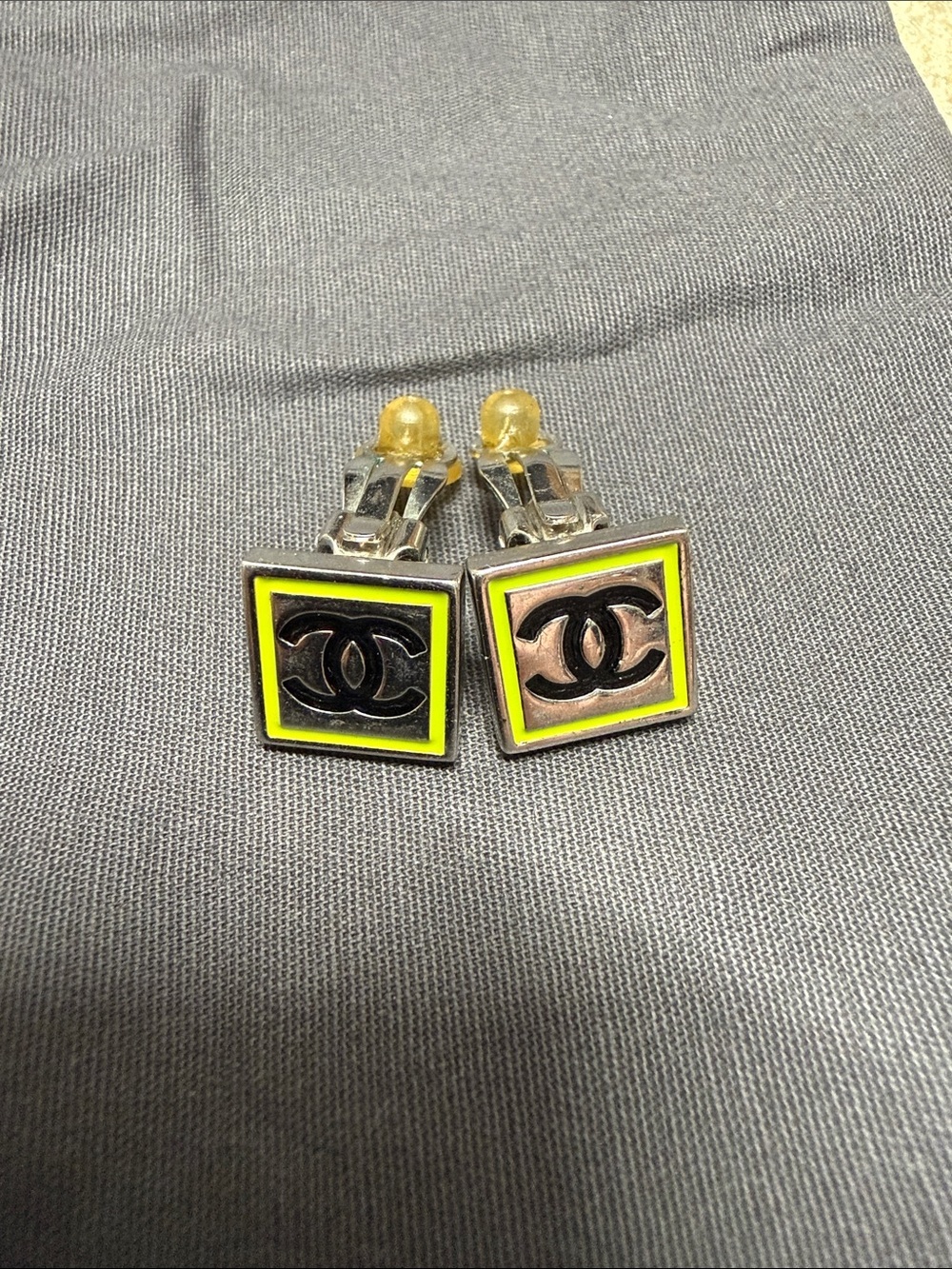 CHANEL Square Double C clip on earrings in Neon Green and Black